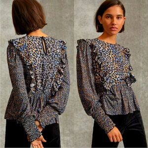 Anthropologie‎ Moira Ruffled Peplum Top Animal Print XS NWT